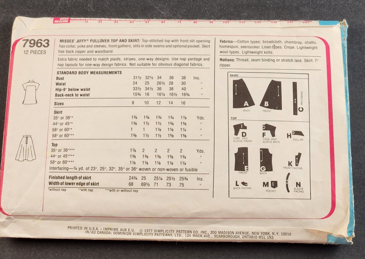 Simplicity 7963 Vintage Sewing Pattern 1977 Misses Jiffy Pullover Top Skirt 14