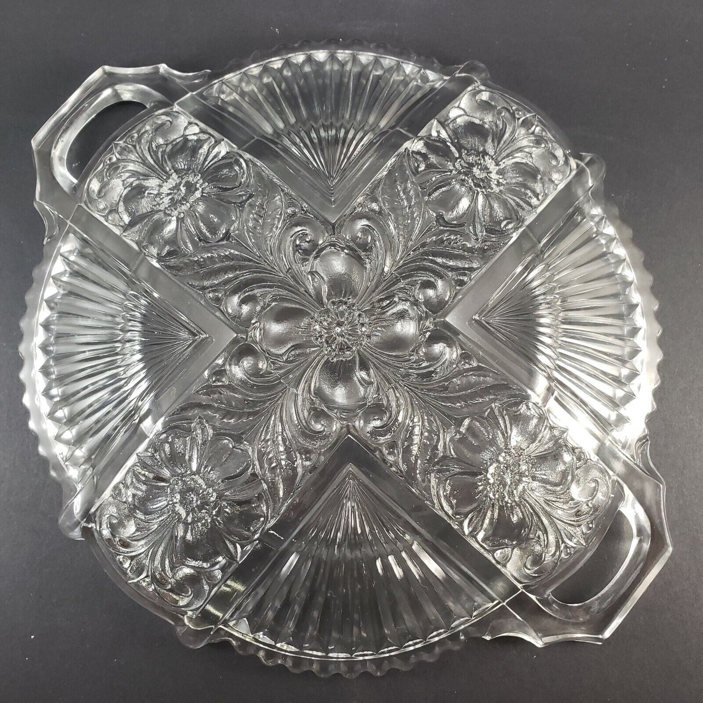 Clear 2 Handled Relish Plate Indiana Glass Killarney Pattern 10½" Across Vintage