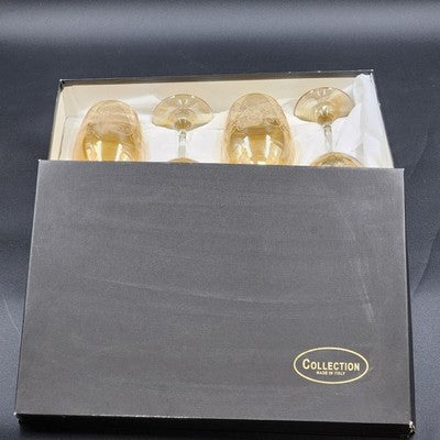 4 Etched 16oz Goblet Wine Glass 10" Cristelleria Fratelli Fumo Iridescent Amber