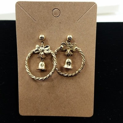Gold Tone Holiday Metal Wreath with Bow & Dangle Bell Christmas Pierced Earrings