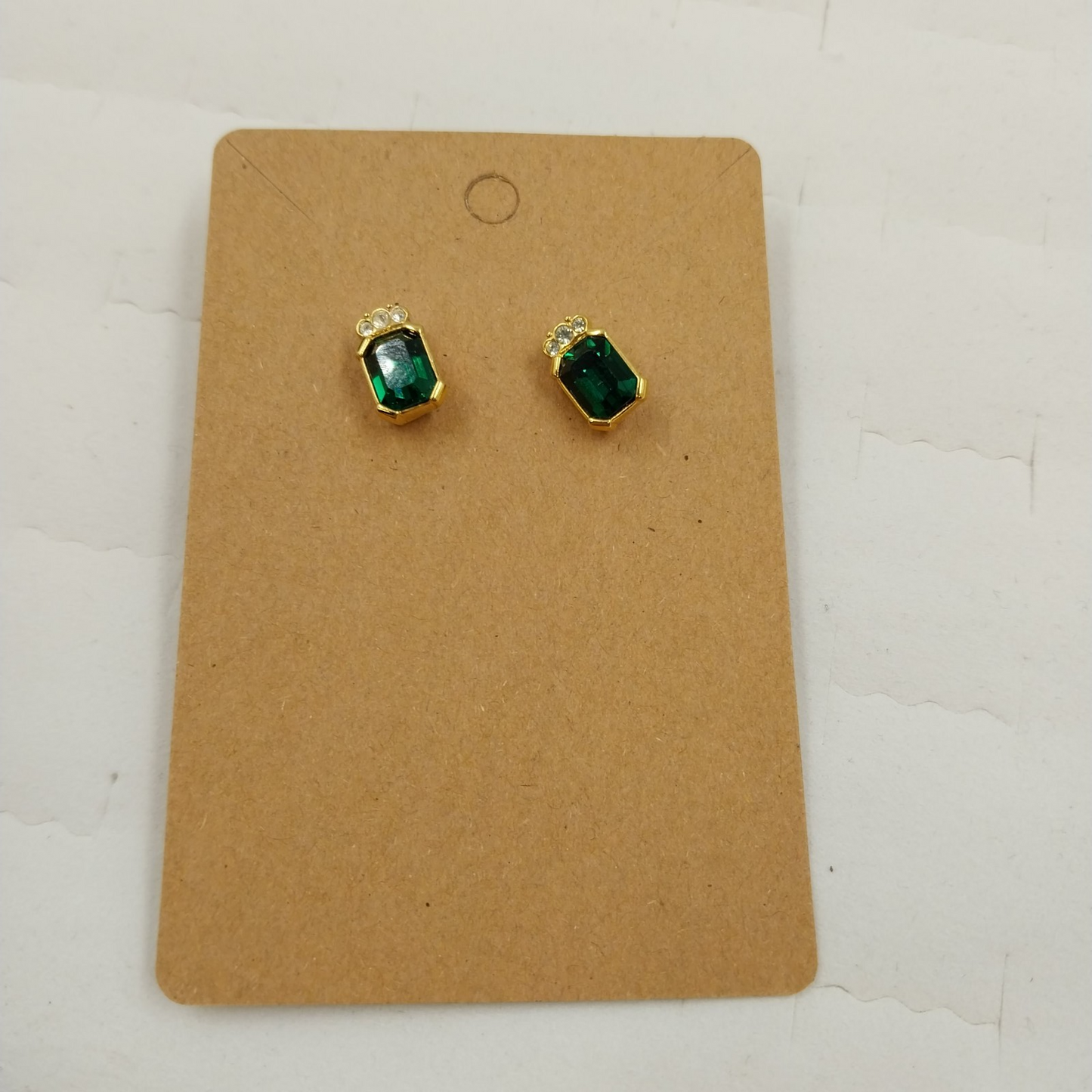 Gold Tone Emerald Cut Green & Clear Rhinestone Earrings Vintage