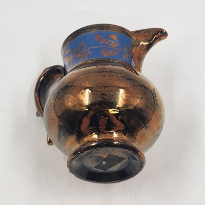 Copper Lusterware Small Creamer Pitcher Bronze & Cobalt Blue Band Floral 5.5"x3"