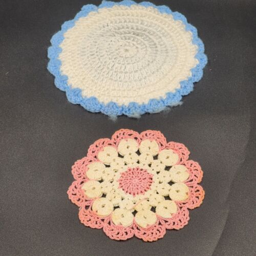 Lot of 2 Vintage Round Crochet Hot Pads Pot Holders Blue White & Pink