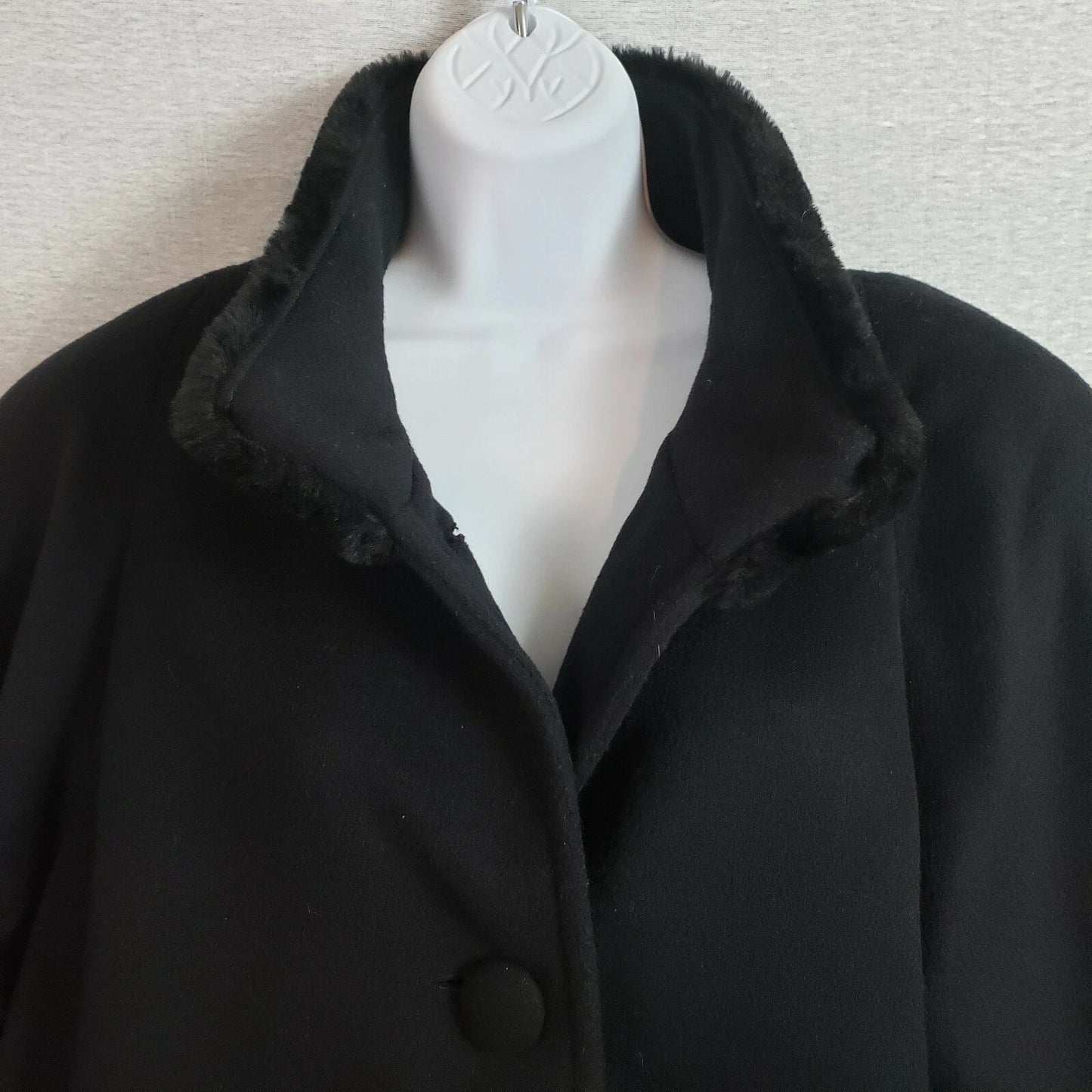 Albert Nipon Black Wool Maxi Coat Faux Fur Collar Cuffs Size 10 Vintage Elegant