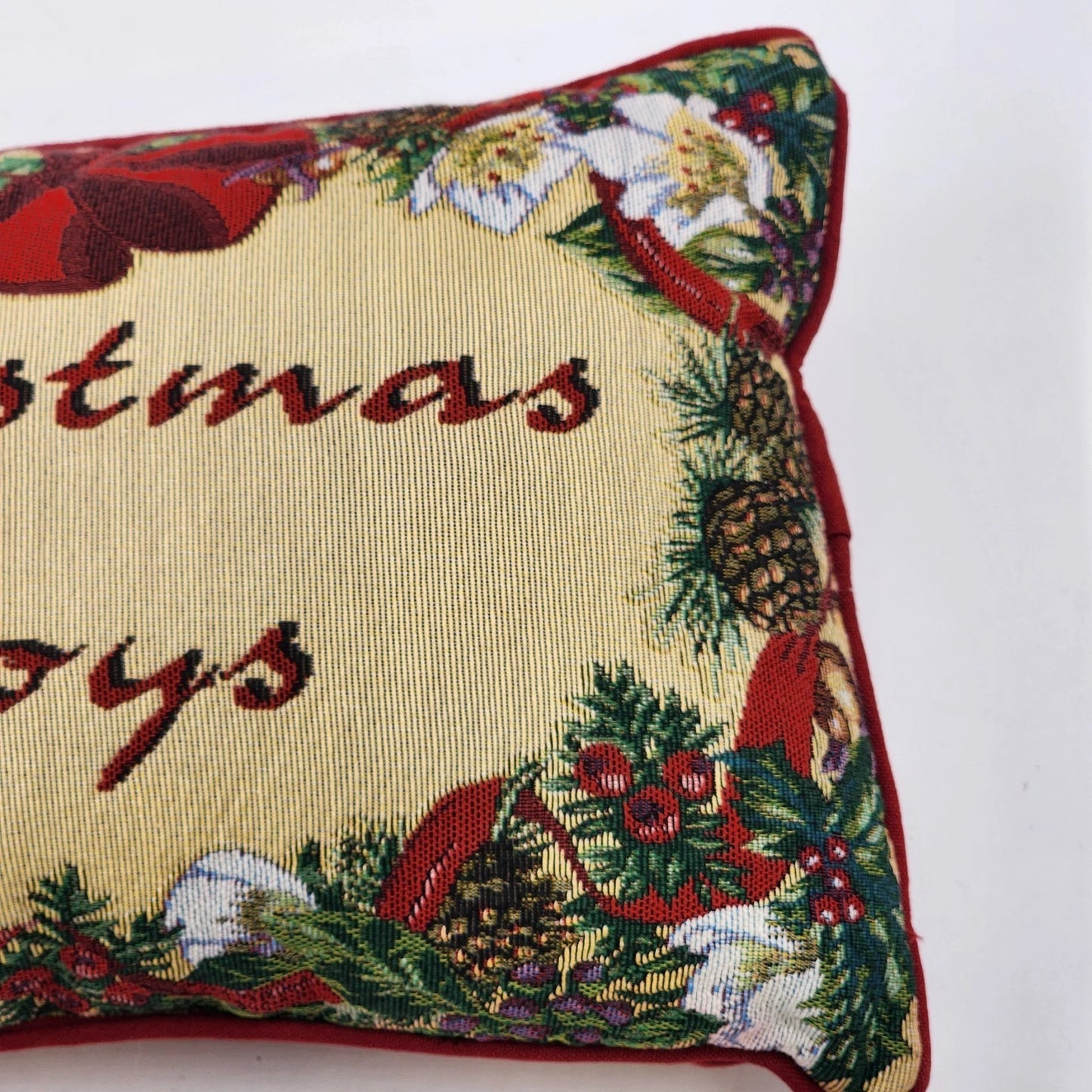 Christmas Joys Throw Pillow Red Back Holly Berries Holiday Decor 18" x 11"