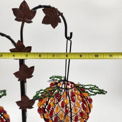 2 Beaded Pumpkin Tea Lite Holders Home Interiors w Free Standing Metal Stand NOS