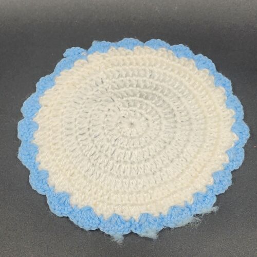 Lot of 2 Vintage Round Crochet Hot Pads Pot Holders Blue White & Pink