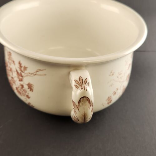 JHW & Sons Semi Porcelain Pottery Chamber Pot Brown Flowers Hanley England 9"x5"