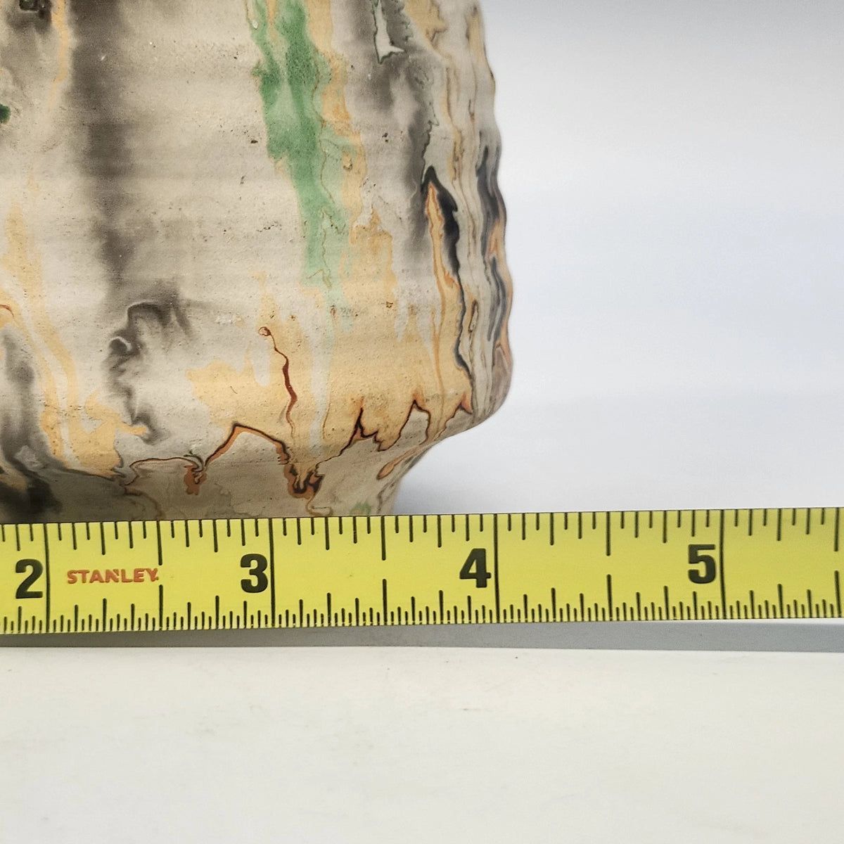 Nemadji Indian Pottery Native Clay Ribbed Vase 5.5" Green Orange Swirl USA
