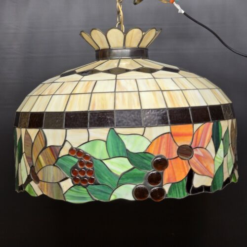 X-Large Stained Glass Hanging Light Tiffany Style Chandelier 3-Light Floral Vtg
