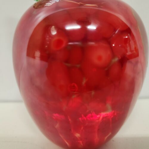 Paperweight Hand Blown Red Mottled Red Art Glass Apple Green Leaf & Stem Vintage