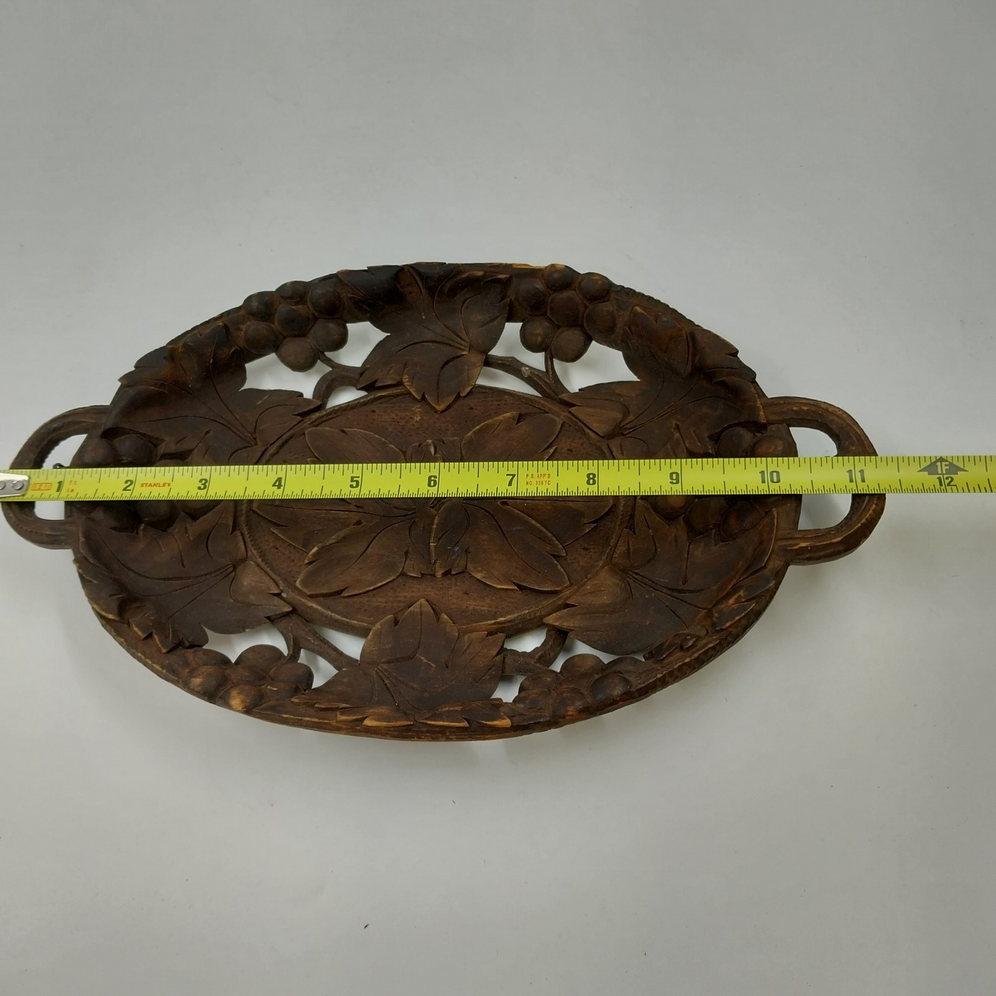 Wooden Hand-Carved Black Forest Serving Tray w Grape & Foliate Wall Decor 11x7"