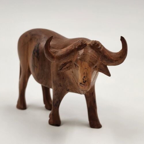 Wooden Water Buffalo Hand Carved Musk Ox Natural Hardwood Figurine 4.5