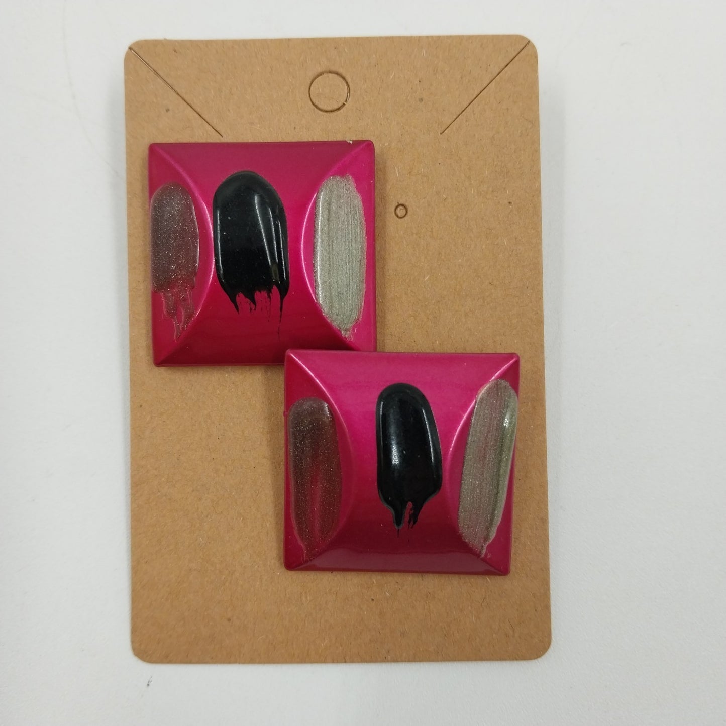 Earrings in Large Square Shiny Magenta with Gray Black Enameled 1.25" Push Back