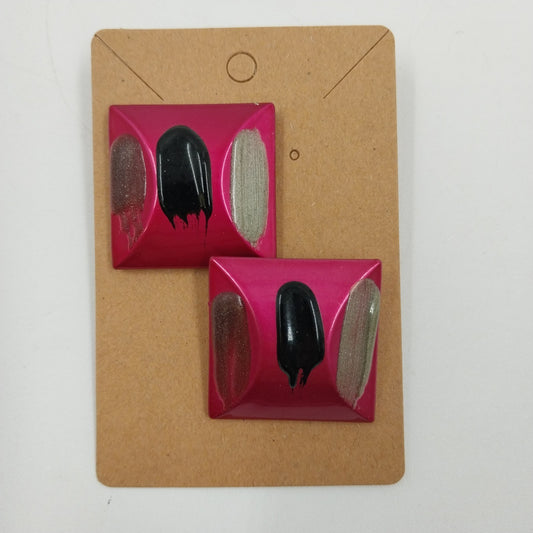 Earrings in Large Square Shiny Magenta with Gray Black Enameled 1.25" Push Back