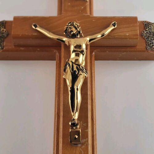 Vintage Crucifix Wooden Wall Hanging Candle Box Cross Catholic Religious Brass