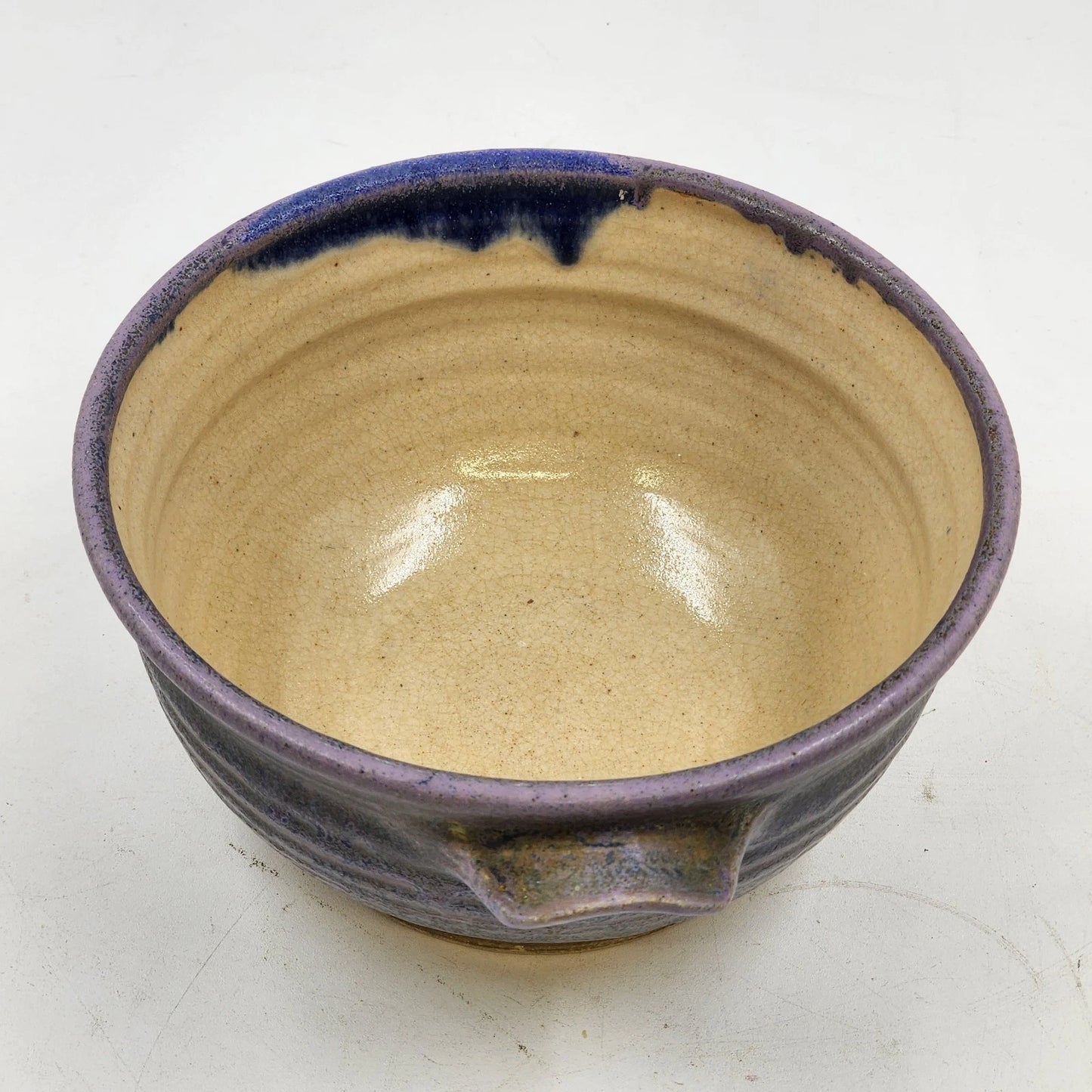 Handmade Pottery Bowl Art Studio Blue Purple Outer Yellow Inner Handled Signed
