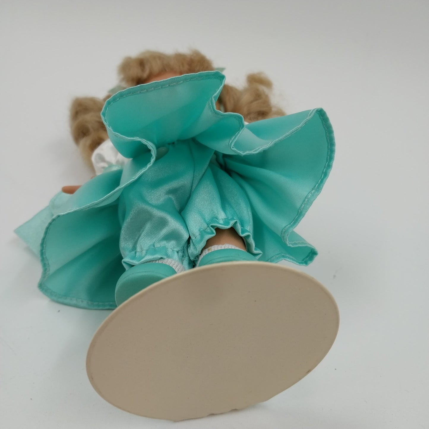 Precious Moments Doll in White Teal Dress with Stand 8"
