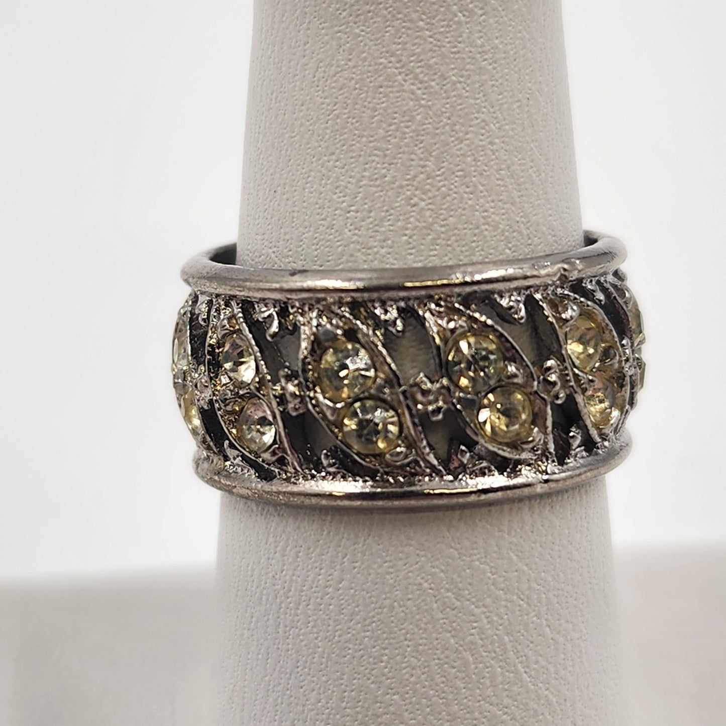Silver Tone Eternity Ring with Clear Crystal Yellow Rhinestone Size 7 Vintage