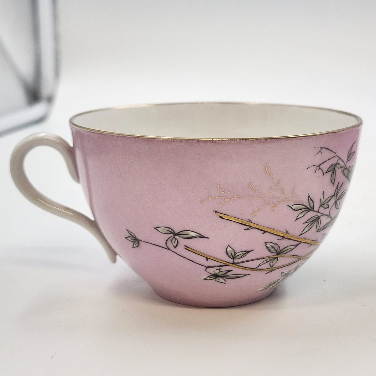 Pink Porcelain Teacup & Saucer Birds Nest Blue Flowers Gold Trim Vintage 5.5"