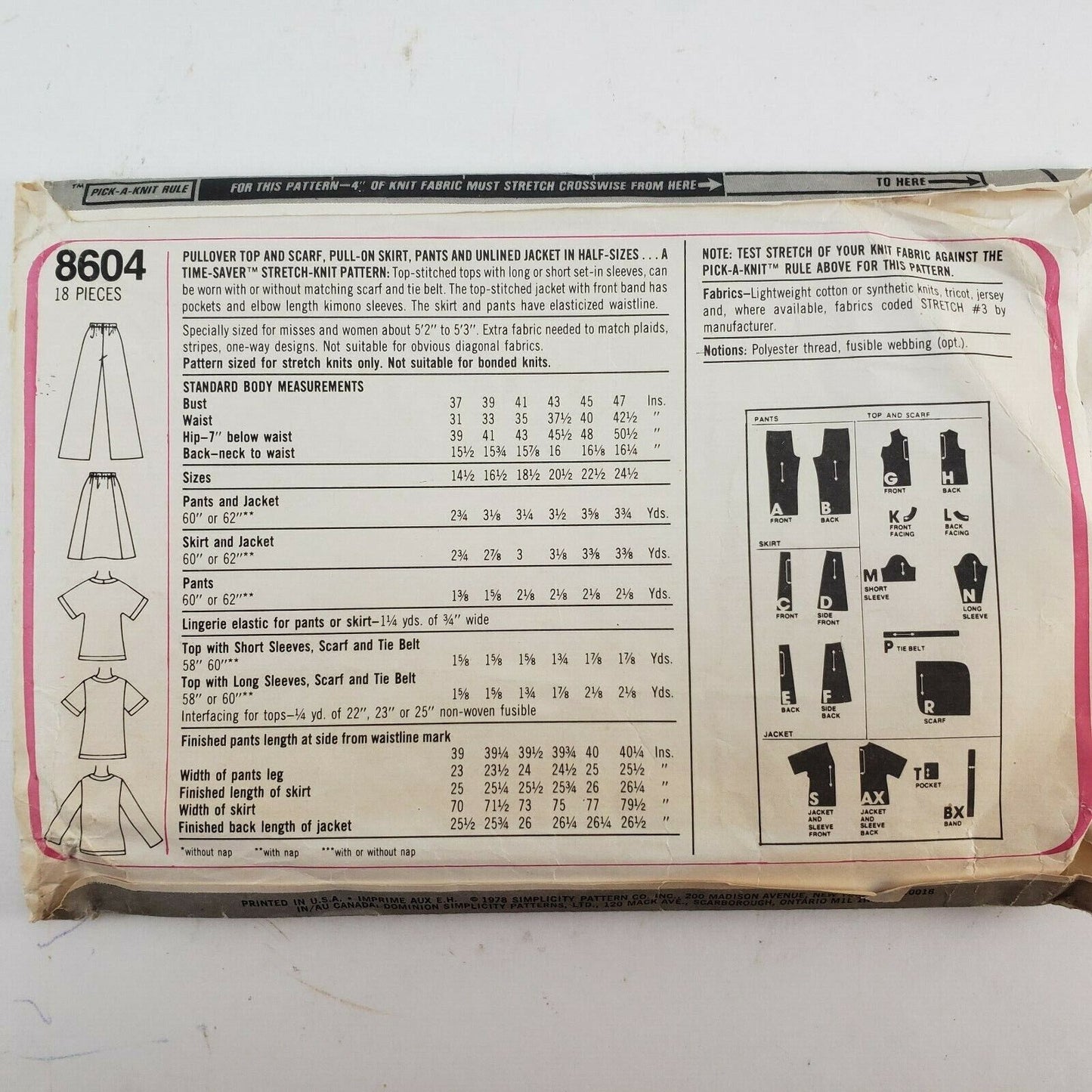 Stretch Knit Pantsuit Women Size N ½ Size Simplicity Printed Sewing Pattern 8604