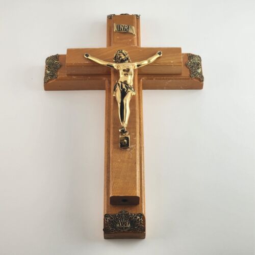 Vintage Crucifix Wooden Wall Hanging Candle Box Cross Catholic Religious Brass