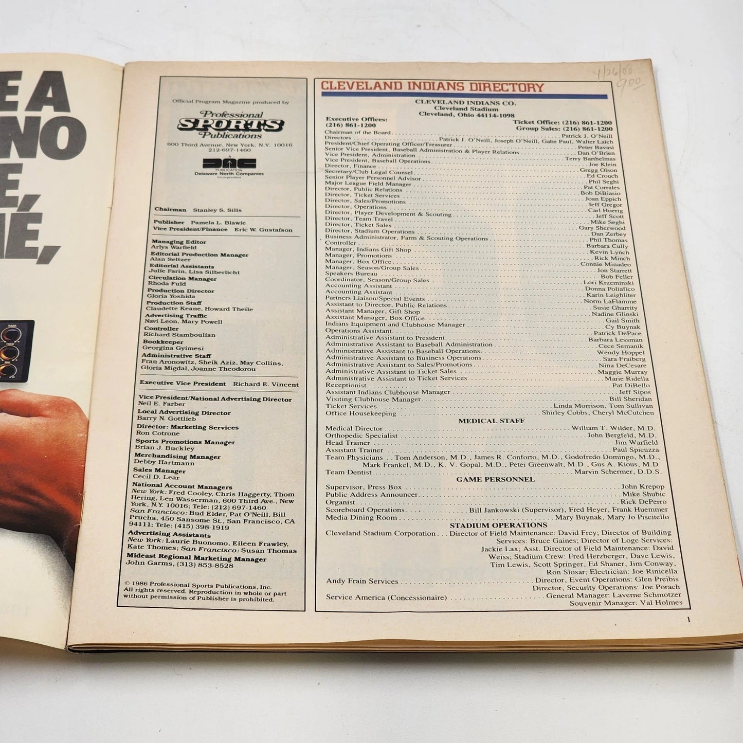 1986 Cleveland Indians Official Souvenir Program vs Chicago White Sox Unscored