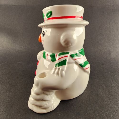 Russ Berrie Ceramic Snowman Coin Penny Bank White Red Rubber w Stopper Christmas