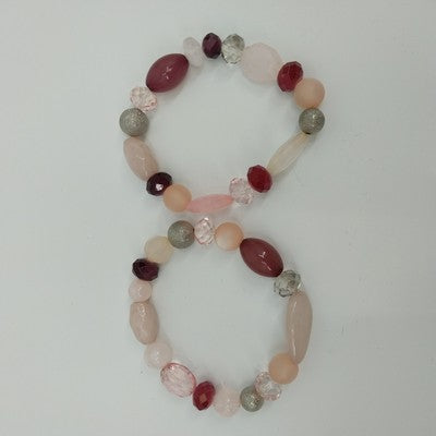 Set of 2 Bracelets Pink Red Gray Faux Pearl Acrylic Glass Faceted Beaded Stretch