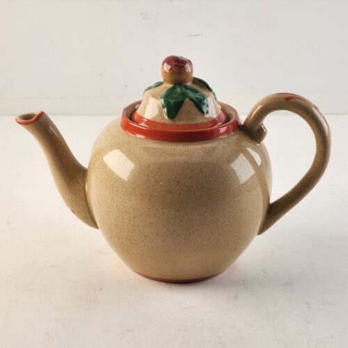 Omar Ware Tea Pot English Stoneware Beige Orange Green Trim England