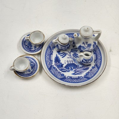 Collectible Miniature Tea Set Blue Chinese Willow Tree w/ Box Home Decor