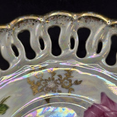 Inarco Tea Cup E-1052 Saucer E-1662 Lusterware Roses Reticulated Edge Japan