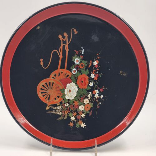 Hard Plastic Round Tray 13” Color Floral Cart Japan Black with Orange Trim Vtg