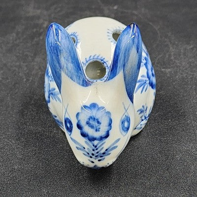 Blue White Porcelain Bunny Rabbit Flower Frog 4.5" 5 Holes Floral Holder