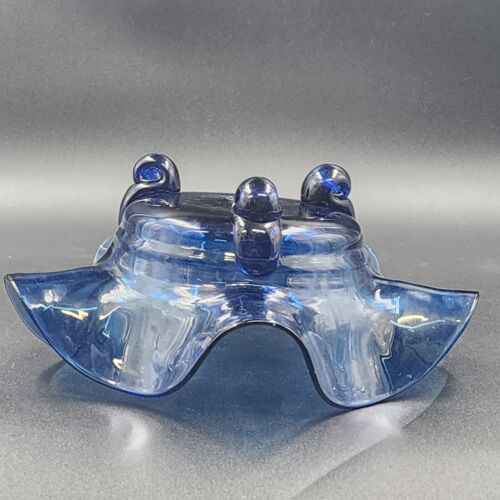 Hand Blown Blue Ruffled Glass Bowl 3 Affixed Feet 11" x 5" OOAK