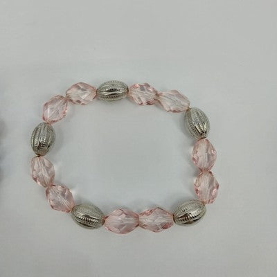 Set of 2 Bracelets Faux Pearl Silver Gold and Peach Tone Faceted Beads Stretch