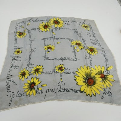 French Daisy Print Silk Scarf 17" Square Grey Yellow Brown Floral Design Vintage