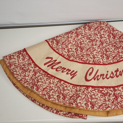 Tree Skirt Merry Christmas Red and Cream Patterned Burlap Red Piping Large 48"