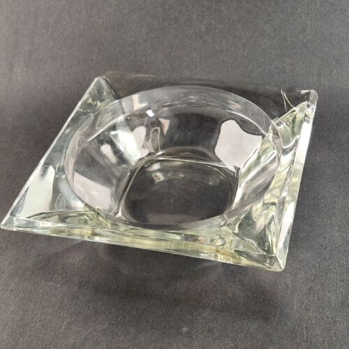 Crystal Clear Faceted Glass Rounded Square Ashtray Pit Vintage 1970s 7.5"