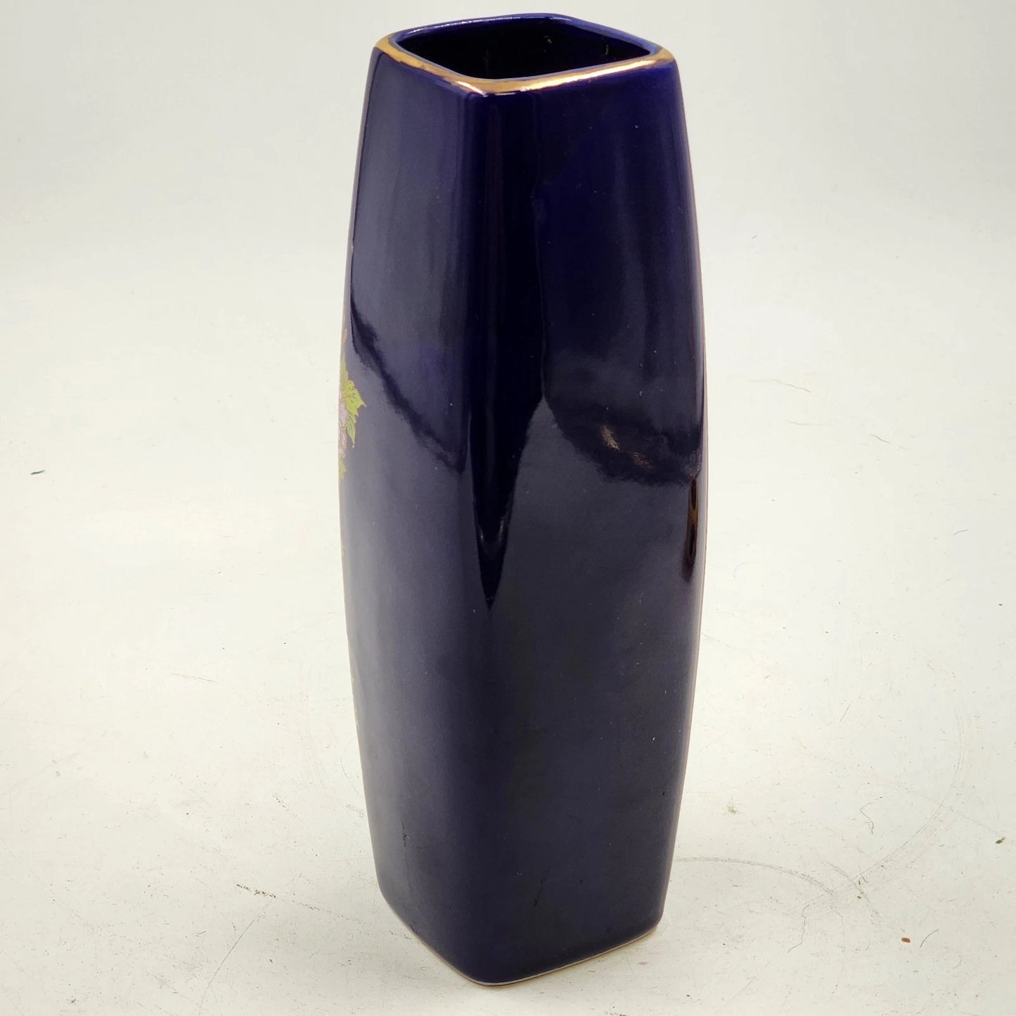 Kutani Interpur Peacocks Floral Vase Cobalt Blue & Gold Trim Japan 9.25”