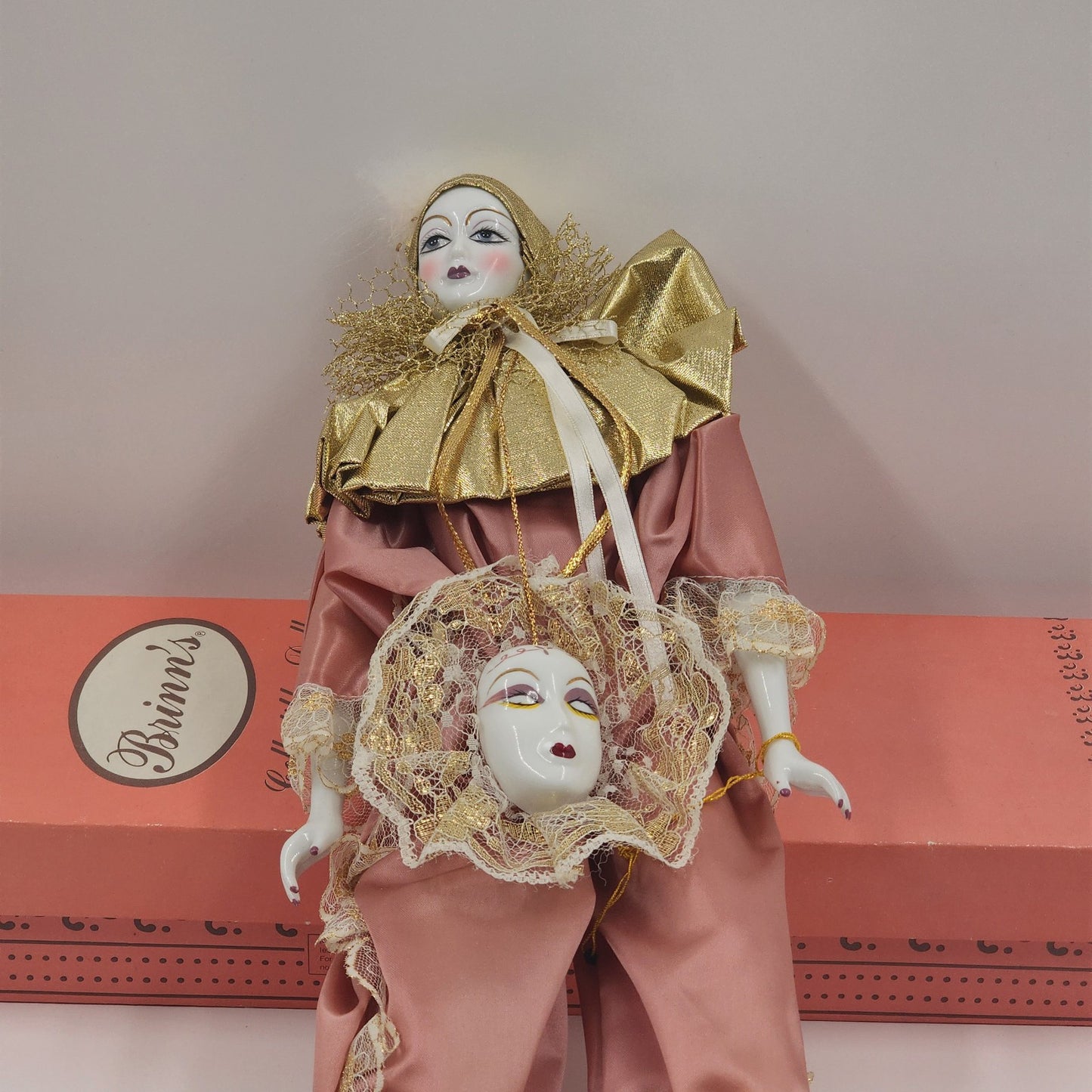 Brinn's Harlequin Porcelain Doll Mardi Gras Clown Mauve & Gold 17" 1991 COA VTG