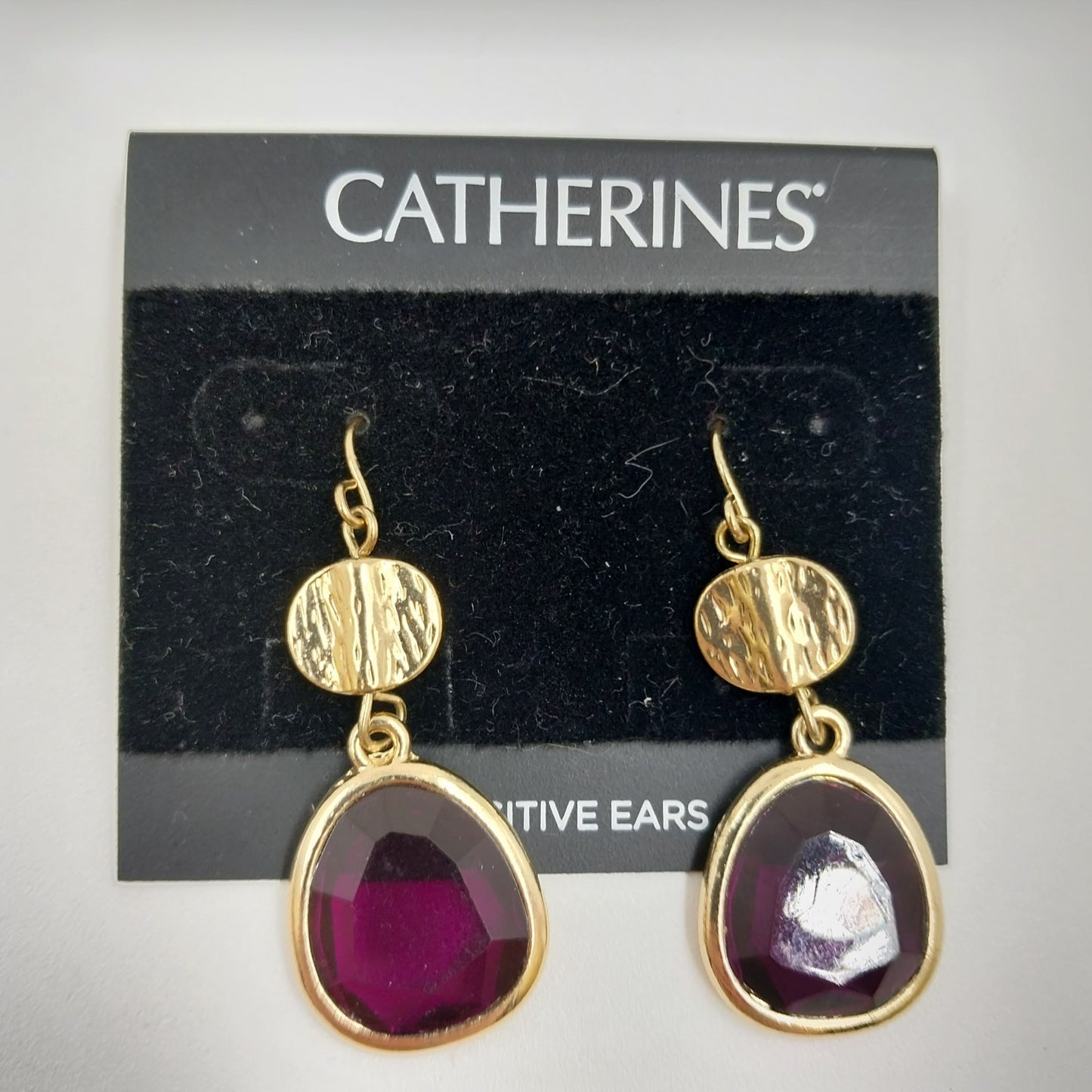 Catherines Earrings Garnet Gold Tone Disc with Purple Rhinestone Dangle 1.5"