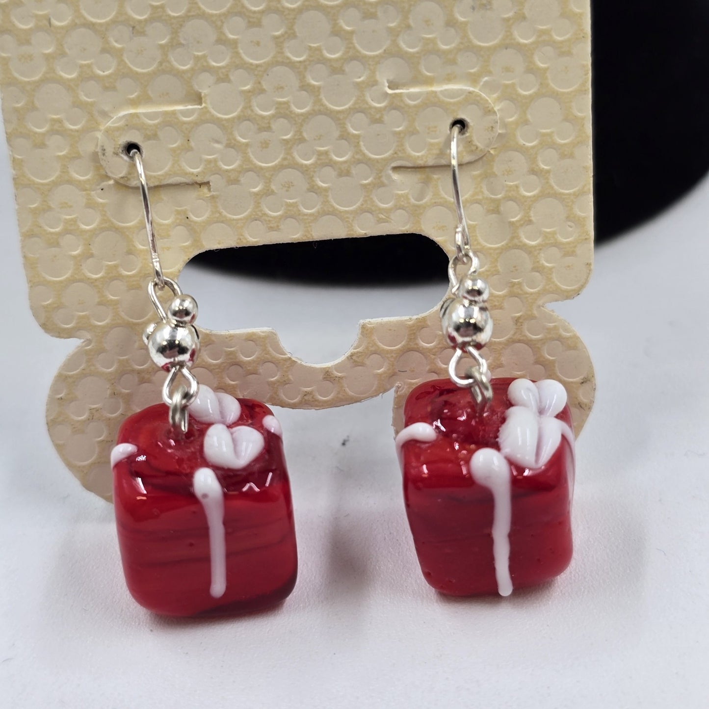 2 Earrings Silver Tone Red Faux Pearl Bead Drop & Disney Red Present Gift Dangle