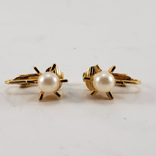 Vintage Gold-tone Clip Earrings Faux Pearl Sun Burst