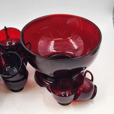 Royal Ruby Red Glass Punch Bowl 23 Cups and Stand Set by Anchor Hocking