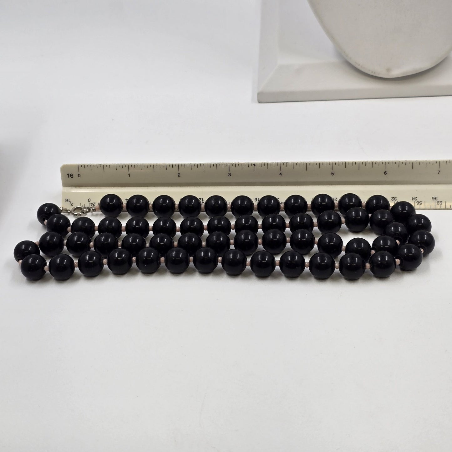 Necklace in Round Black Acrylic Beads with Pale Pink Bead Spacers 14.5"