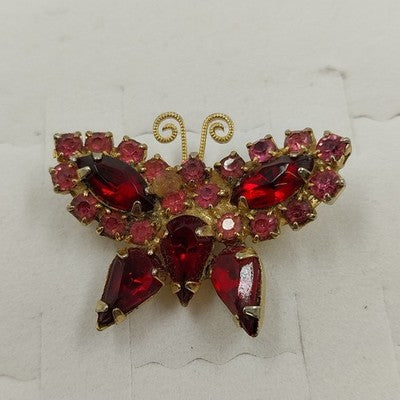 Gold Tone Red & Pink Faceted Rhinestone Butterfly Brooch Lapel Pin 1.25" Jewelry