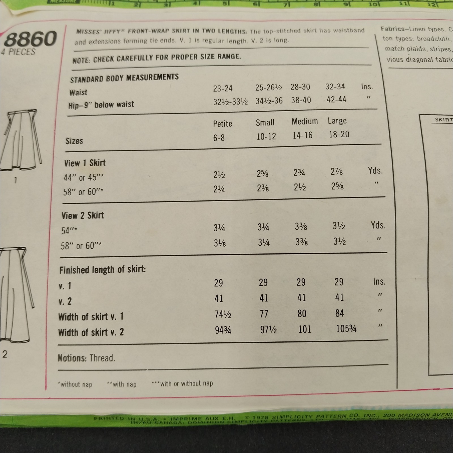 Simplicity 8860 Vintage Sewing Pattern '70 Cut Miss Jiffy Front Wrap Skirt 10-12