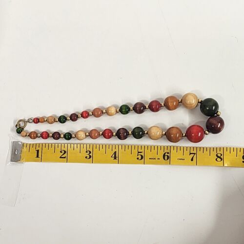 Multicolor Wood Bead Necklace Gold Tone Accents 16" Strand Spring Ring Clasp Vtg