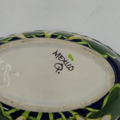 Talavera Calla Lilies Mexico Hand Painted Oval Bowl Art Pottery Signed Mexico Q